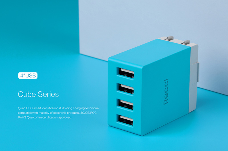 Recci Wall Charger Cube RUC5003 - 4xUSB - 2,1A CN/US plug Green + EU adapter - Image 2