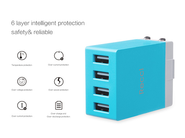 Recci Wall Charger Cube RUC5003 - 4xUSB - 2,1A CN/US plug Green + EU adapter - Image 9