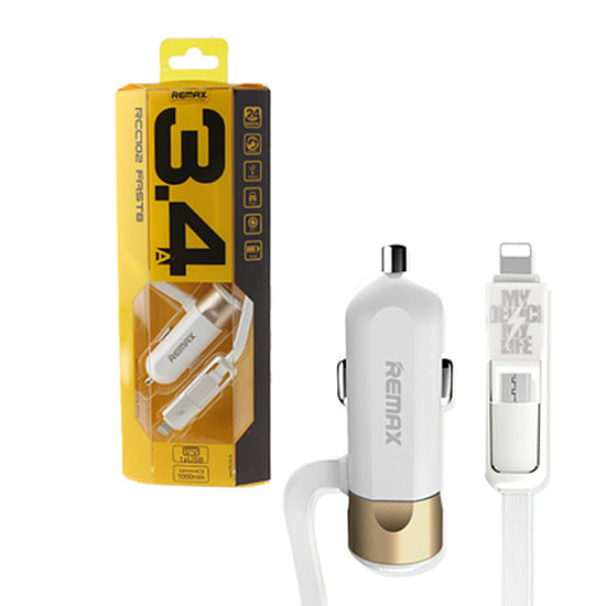 REMAX Car Charger RCC-102 - USB - 3,4A with 2 in 1 cable Micro USB, Lightning silver - Image 6